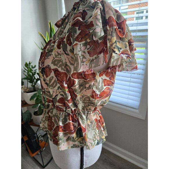 Ruffled Floral Peplum Blouse Womens Size M Multicolor Lightweight Fabric Elegant - Picture 6 of 9